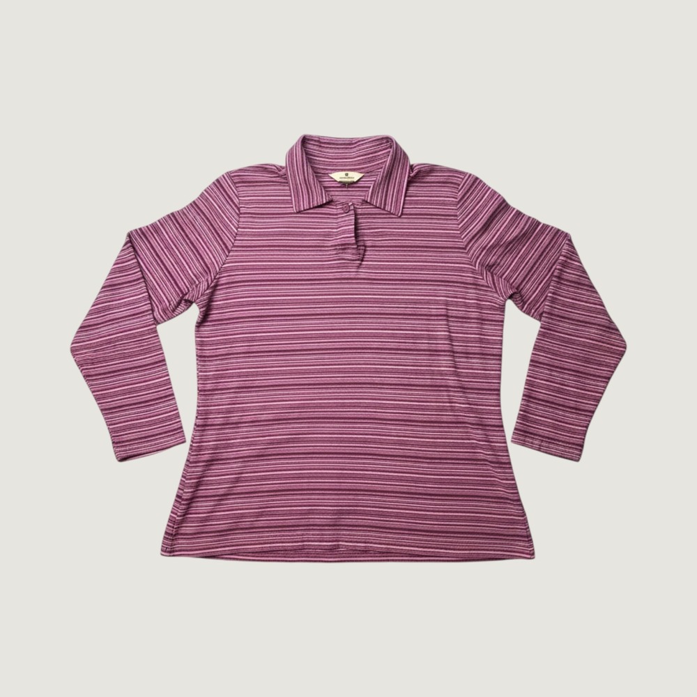 Woolrich Polo Shirt Womens M Purple Pink Striped Long Sleeve Button Top